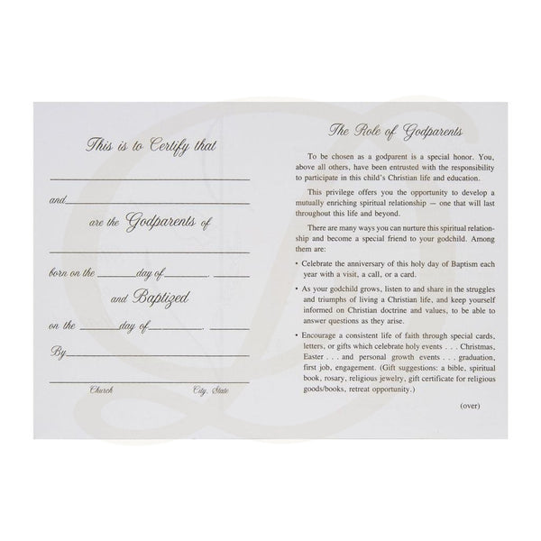 DiCarlo Item 2798 Godparents Certificate for the Sacrament of Baptism